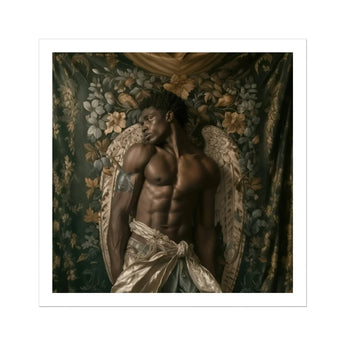 Raziel - Gay Black Angel Art Print / Canvas Muscular Shirtless Man Wings Posed Ornate Floral, Emerges Prints
