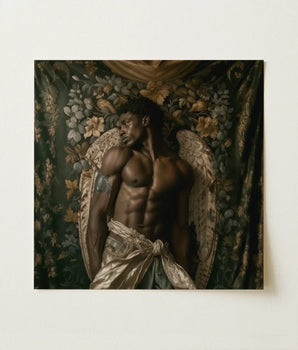 Square-framed Artwork Muscular Black Man Wings Draped Metallic Gay Angel, Art, Raziel Emerges