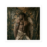Raziel Gay Black Angel Art Print, Muscular Shirtless Man Angel Wings Posed Ornate Floral