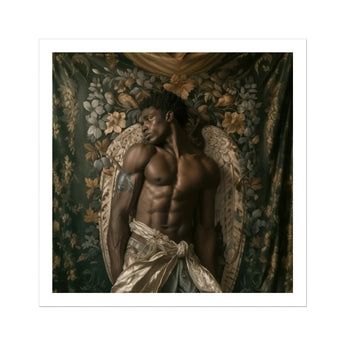 Raziel Gay Black Angel Art Print, Muscular Shirtless Man Angel Wings Posed Ornate Floral