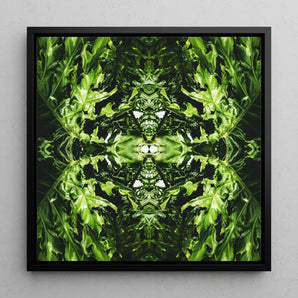 Reach out - Contemporary Botanical Op Art Framed Canvas, 12x12’’ / 31x31cm / Black Floating Frame, Symmetrical Kaleidoscopic Pattern Green