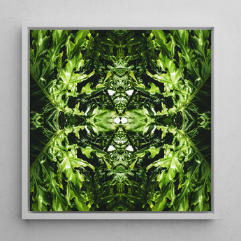 Reach out - Contemporary Botanical Op Art Framed Canvas, 12x12’’ / 31x31cm / White Floating Frame, Symmetrical Green Leaf Pattern White