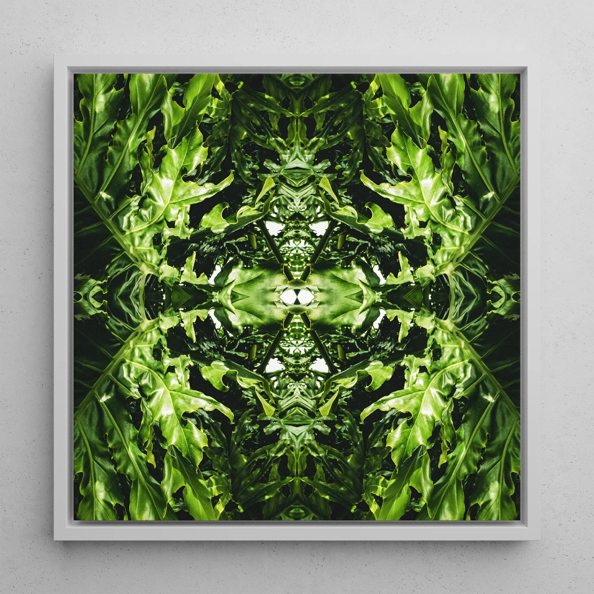 Reach out - Contemporary Botanical Op Art Framed Canvas, Symmetrical Green Leaf Pattern White Frame