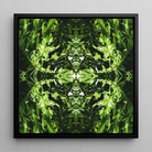 Reach out - Contemporary Botanical Op Art Framed Canvas, Symmetrical Kaleidoscopic Pattern Green Leaves Foliage
