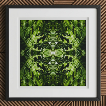 Reach out - Contemporary Botanical Op Art Print, 12x12’’ / 31x31cm / Black Frame / 2’’ Matboard, Framed Square Print Symmetrical