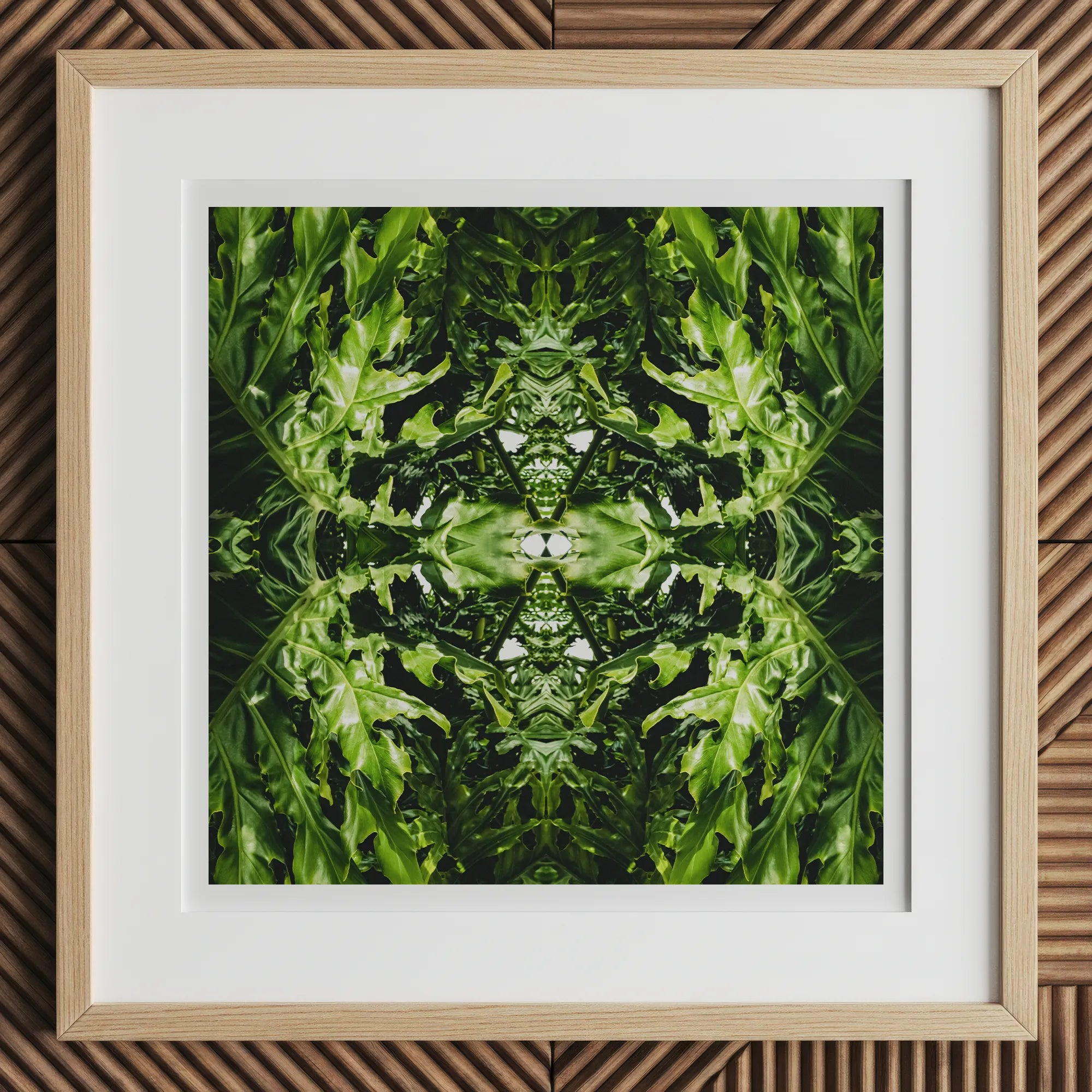 Reach out - Contemporary Botanical Op Art Print, 12x12’’ / 31x31cm / Natural Frame / 2’’ Matboard, Framed Abstract Print Green Foliage