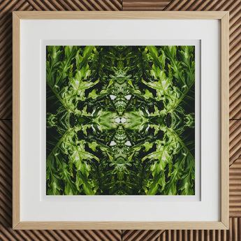 Reach out - Contemporary Botanical Op Art Print, 12x12’’ / 31x31cm / Natural Frame / 2’’ Matboard, Framed Abstract Print Green Foliage