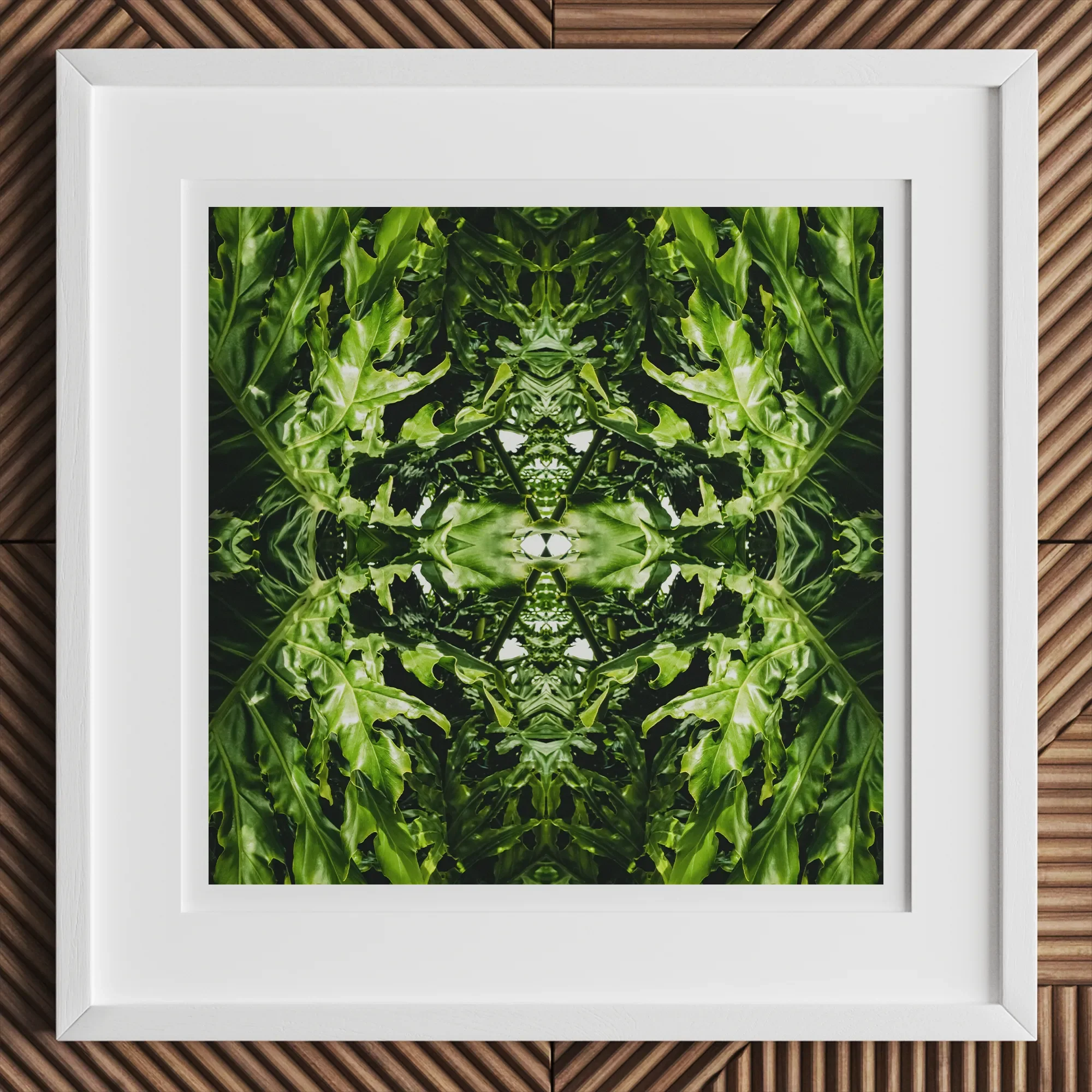 Reach out - Contemporary Botanical Op Art Print, 12x12’’ / 31x31cm / White Frame, Square White-framed Artwork Vibrant Symmetrical Green