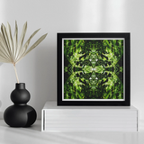 Reach out - Contemporary Botanical Op Art Print, Framed Abstract Green Artwork Symmetrical Leaf-like Patterns