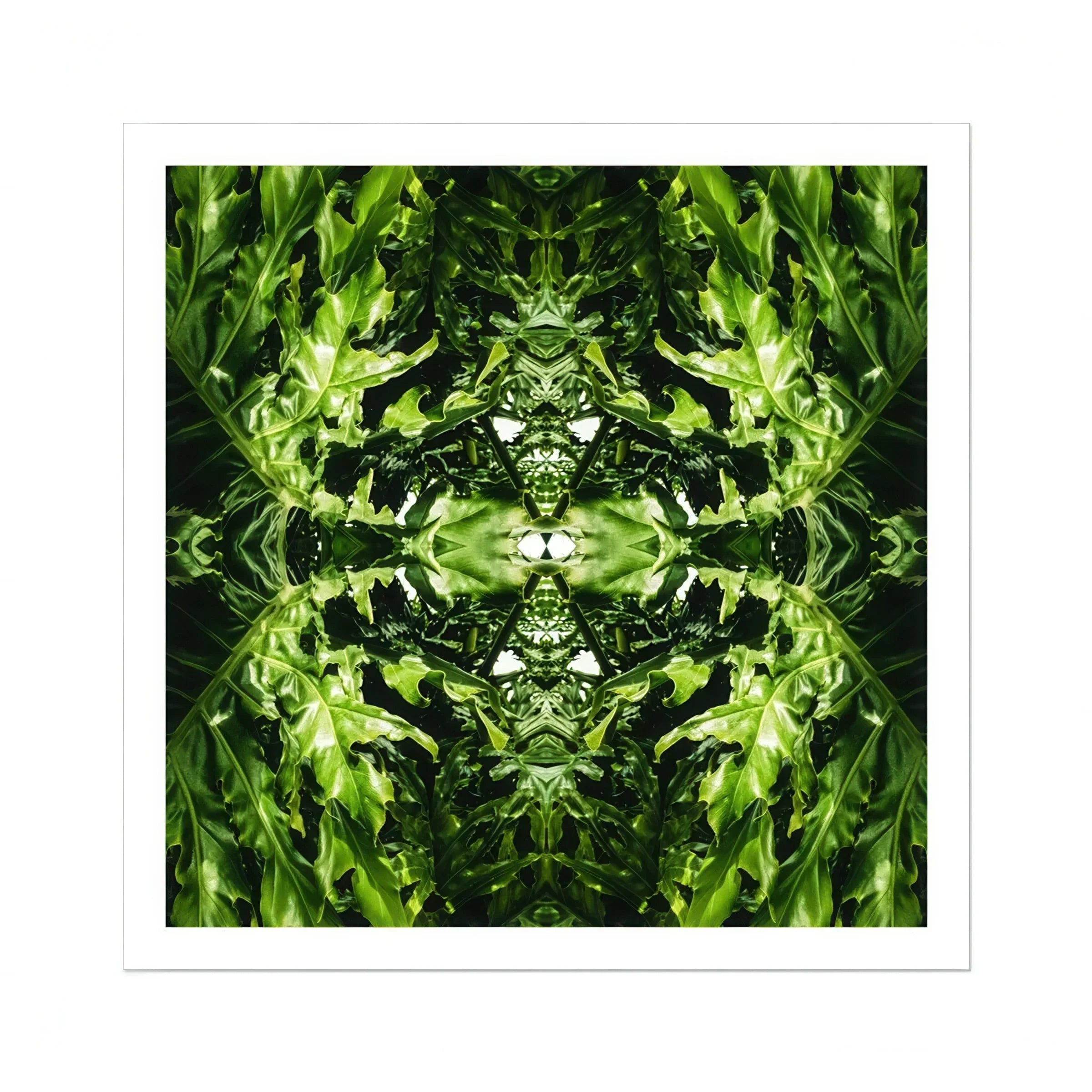 Reach out Contemporary Botanical Op Art Print, Symmetrical Kaleidoscopic Pattern Created Mirrored Green Foliage