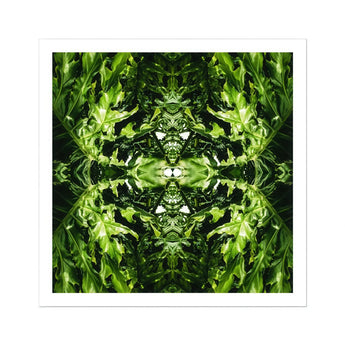 Reach out - Contemporary Botanical Op Art Print, Symmetrical Kaleidoscopic Pattern Created Mirrored Green Foliage