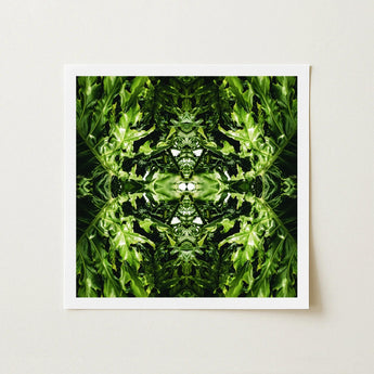Reach out - Contemporary Botanical Op Art Print / Canvas Square-framed Symmetrical Kaleidoscopic Pattern Vibrant Green Hypnotic, Alien