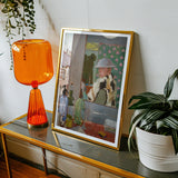 Ready to Start - William Orpen Art Print, Framed Photograph Alongside Orange Glass Table Lamp Potted
