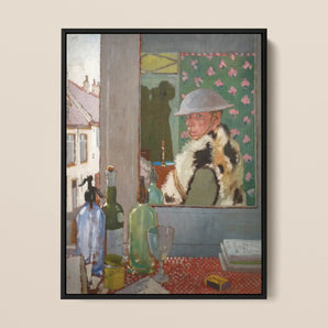 Ready to Start - William Orpen Portrait Art Framed Canvas, Painting Person White Hat Fur-trimmed Coat Floral Wallpaper