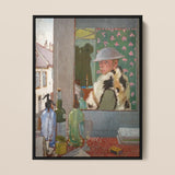 Ready to Start - William Orpen Portrait Art Framed Canvas, Painting Person White Hat Fur-trimmed Coat Floral Wallpaper