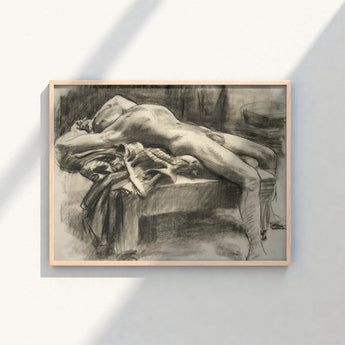 Framed Charcoal Sketch Nude Figure Draped Fabric Rendered John Singer Sargent, Body Tilts, Fallen Ephebe