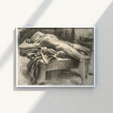 Framed Charcoal Sketch Nude Figure Draped Surface Rendered John Singer Sargent, Body Tilts, Fallen Ephebe