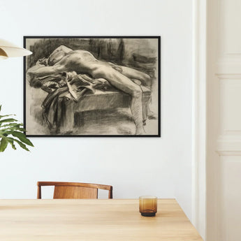 Reclining Male Nude - John Singer Sargent Art Print / Canvas Black-framed Charcoal Sketch Nude Figure Draped Fabric John Singer Sargent,