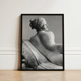 Black-framed Black-and-white Photograph Classical Marble Sculpture Nude Female Young Naiad Reclines, Half-turned, Profile Catching Pale,