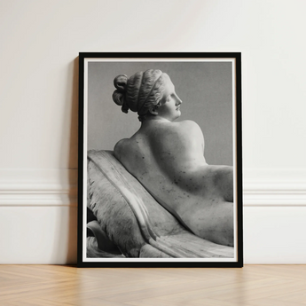 Black-framed Black-and-white Photographic Print Classical Marble Sculpture Nude Young Naiad Reclines, Half-turned, Profile Catching Pale,