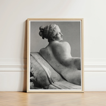 Framed Black White Photograph Classical Marble Sculpture Woman Young Naiad Reclines, Half-turned, Profile Catching Pale, Ash-gray, Light,
