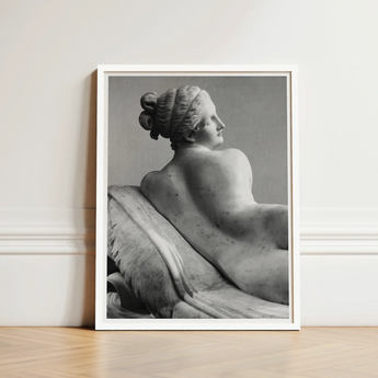 White-framed Black-and-white Photographic Print Classical Marble Sculpture Female Young Naiad Reclines, Half-turned, Profile Catching Pale,