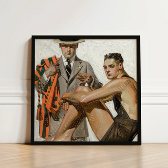 Framed Painting Two Men Gray Suit Orange Green Cool Summer Comfort, Record Time, Tailoring Meets Leisure, Joseph Christian Leyendecker,