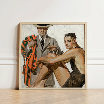 Framed Painting Two Men Vintage Style Gray Suit Cool Summer Comfort, Record Time, Tailoring Meets Leisure, Joseph Christian Leyendecker,