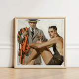 Framed Painting Light Wood Frame Two Men Dressed Cool Summer Comfort, Record Time, Tailoring Meets Leisure, Joseph Christian Leyendecker,