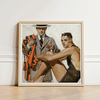 Framed Painting Light Wood Frame Two Men Dressed Cool Summer Comfort, Record Time, Tailoring Meets Leisure, Joseph Christian Leyendecker,