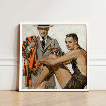 Framed Painting Two Men Vintage Attire Gray Suit Cool Summer Comfort, Record Time, Tailoring Meets Leisure, Joseph Christian Leyendecker,
