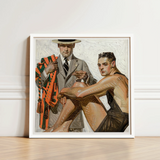 Framed Painting White Frame Two Men Dressed Gray Cool Summer Comfort, Record Time, Tailoring Meets Leisure, Joseph Christian Leyendecker,