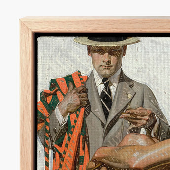 Framed Canvas Print Man Gray Suit Black Hat Cool Summer Comfort, Record Time, Tailoring Meets Leisure, Joseph Christian Leyendecker,