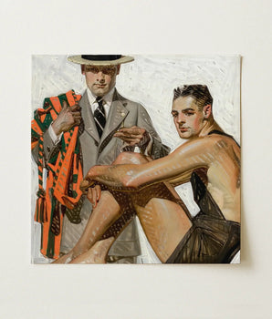 Square Canvas Painting Two Men Vintage Attire Gray Cool Summer Comfort, Record Time, Tailoring Meets Leisure, Joseph Christian Leyendecker,
