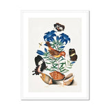 Red Avadavat Gentian Sawfly Swallowtail and Shells - James Bolton Art Print, Botanical Illustration Blue Flowers Butterflies Red Bird Among