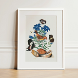 Red Avadavat Gentian Sawfly Swallowtail and Shells - James Bolton Art Print / Canvas Framed Botanical Illustration Vibrant Orange Bird
