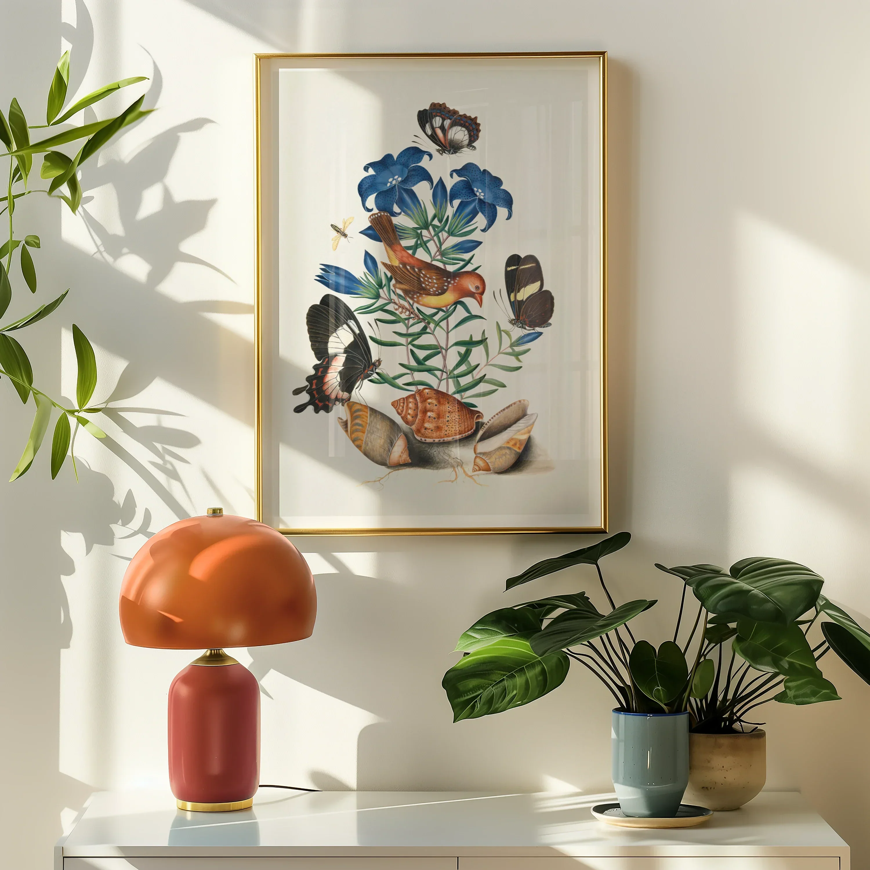Red Avadavat Gentian Sawfly Swallowtail and Shells James Bolton Art Print, Framed Botanical Illustration Colorful Flowers Birds Butterflies
