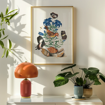 Red Avadavat Gentian Sawfly Swallowtail and Shells - James Bolton Art Print, Framed Botanical Illustration Colorful Flowers Birds