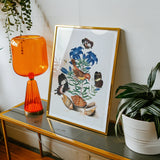 Red Avadavat Gentian Sawfly Swallowtail and Shells - James Bolton Art Print, Framed Watercolor Painting Blue Flowers Butterflies Seashells