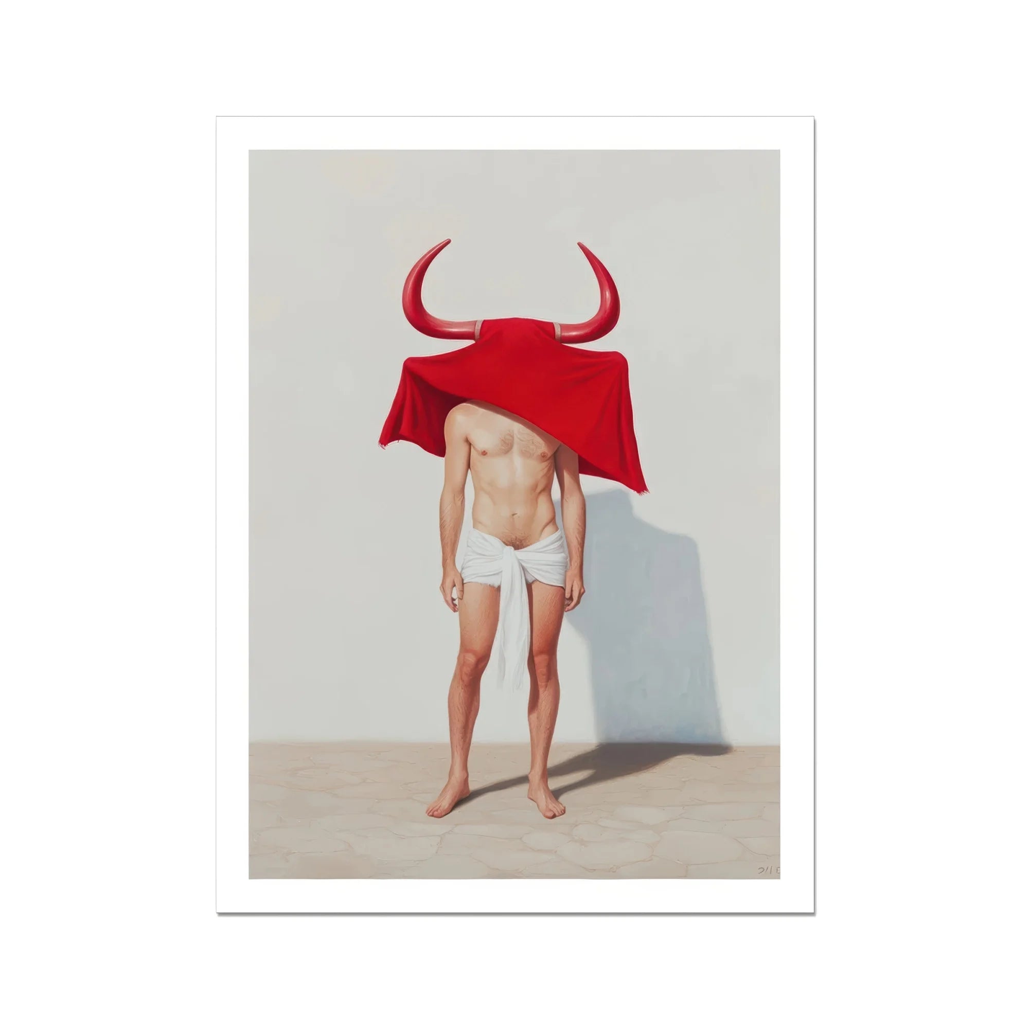 Joysticks - Surreal Gay Matador Art Print, Red Bull-shaped Hat Wearer’s Head Upper Body