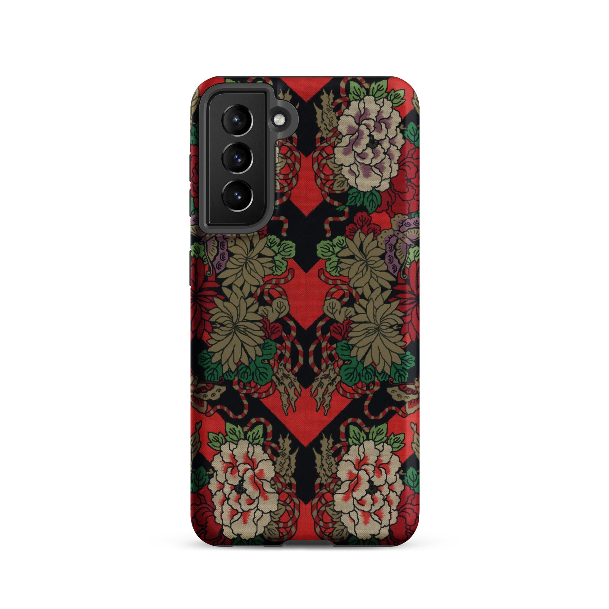 Red Fan Pattern - G.a. Audsley Samsung Case, Galaxy S21 / Matte, Smartphone Case Red Black Floral Pattern Green Leaves