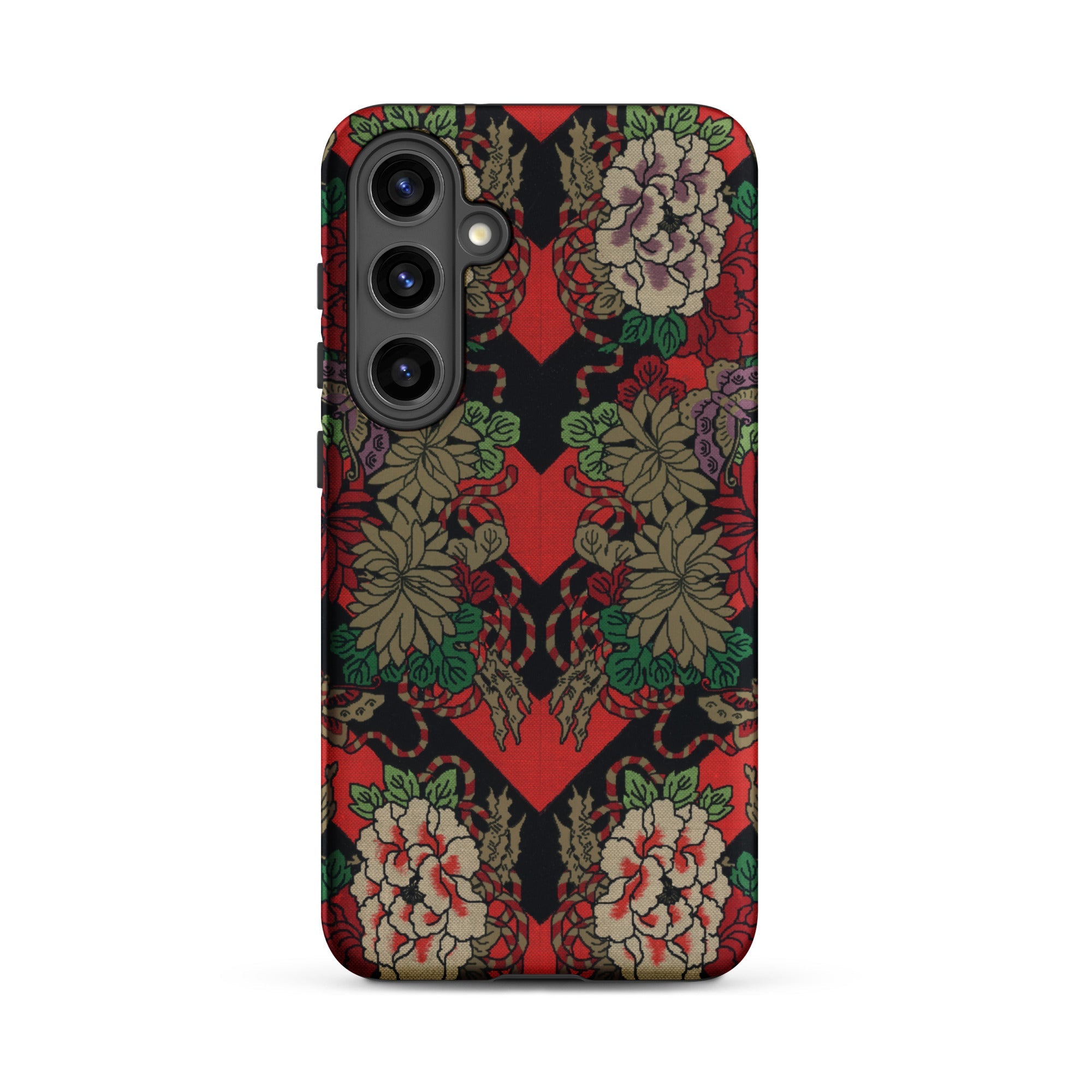 Red Fan Pattern - G.a. Audsley Samsung Case, Galaxy S24 Plus / Matte, Black Phone Case Vibrant Red Green Cream Floral