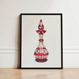 Red Glass Decanter - Frank M. Keane Decorative Art Print / Canvas Perfume Bottle Intricate White Floral Etchings Glassware, Prints