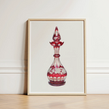 Red Glass Decanter - Frank M. Keane Decorative Art Print / Canvas Perfume Bottle Intricate White Floral Etchings Glassware, Prints