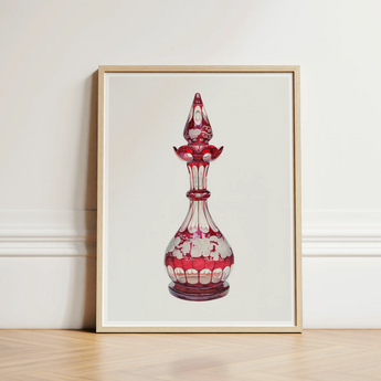 Red Glass Decanter - Frank M. Keane Decorative Art Print / Canvas Perfume Bottle Intricate White Floral Etchings Glassware, Prints