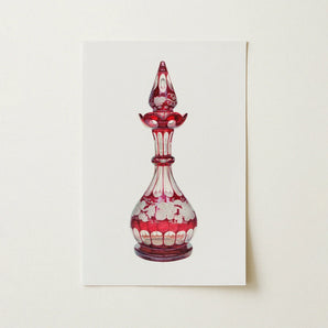 Red Glass Decanter - Frank M. Keane Decorative Art Print / Canvas Red Glass Perfume Bottle Intricate White Floral Etchings Keane Decorative
