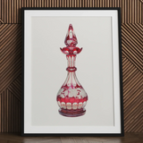 Red Glass Decanter - Frank M. Keane Decorative Art Print / Canvas Red Glass Perfume Bottle Intricate White Floral Etchings Keane Decorative