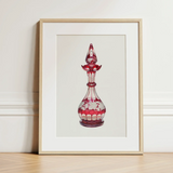 Red Glass Decanter - Frank M. Keane Decorative Art Print / Canvas Red Glass Perfume Bottle Intricate White Floral Etchings Keane Decorative