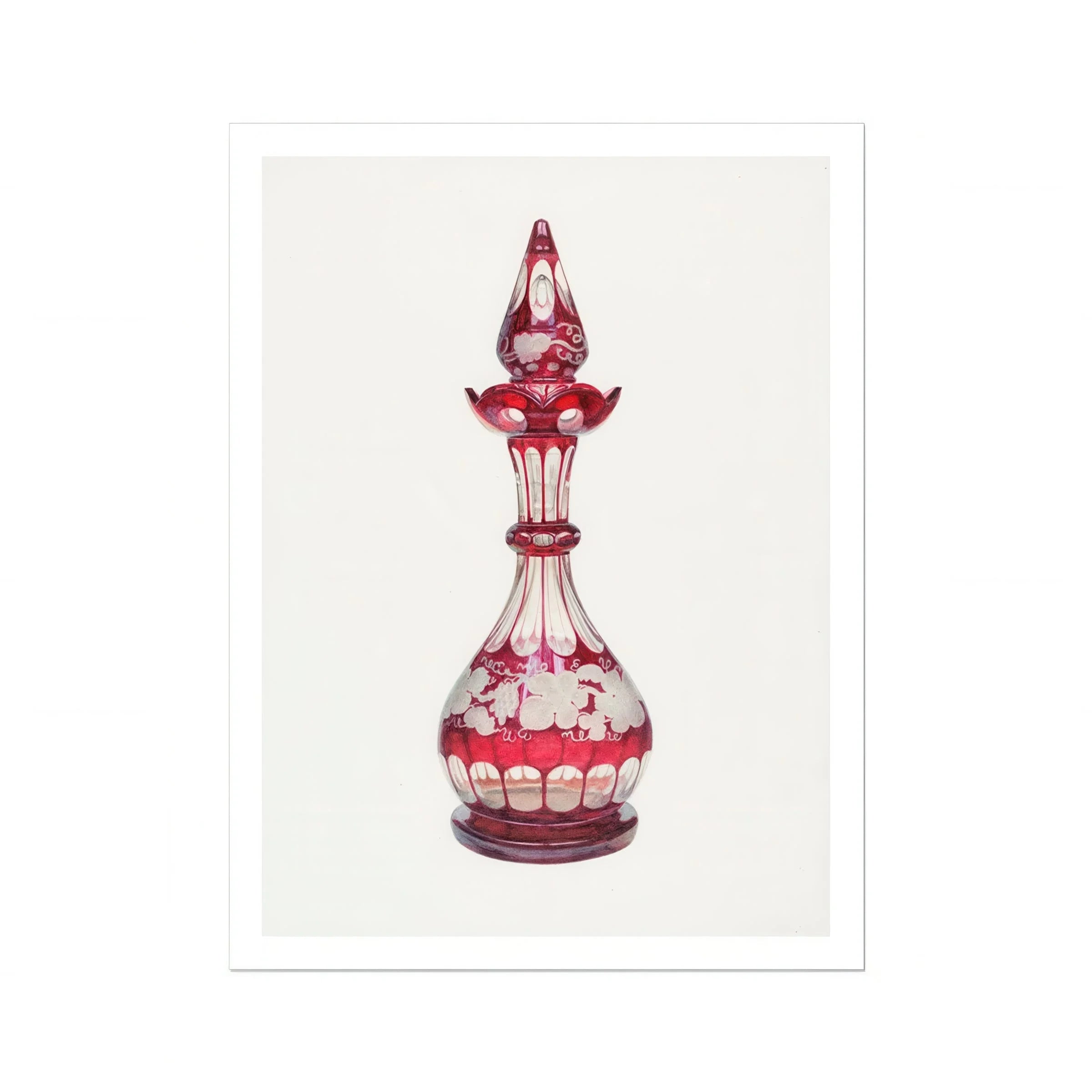 Red Glass Decanter - Frank M. Keane Decorative Art Print, Ornate Ruby-colored Glass Decanter Decorative Cut Patterns