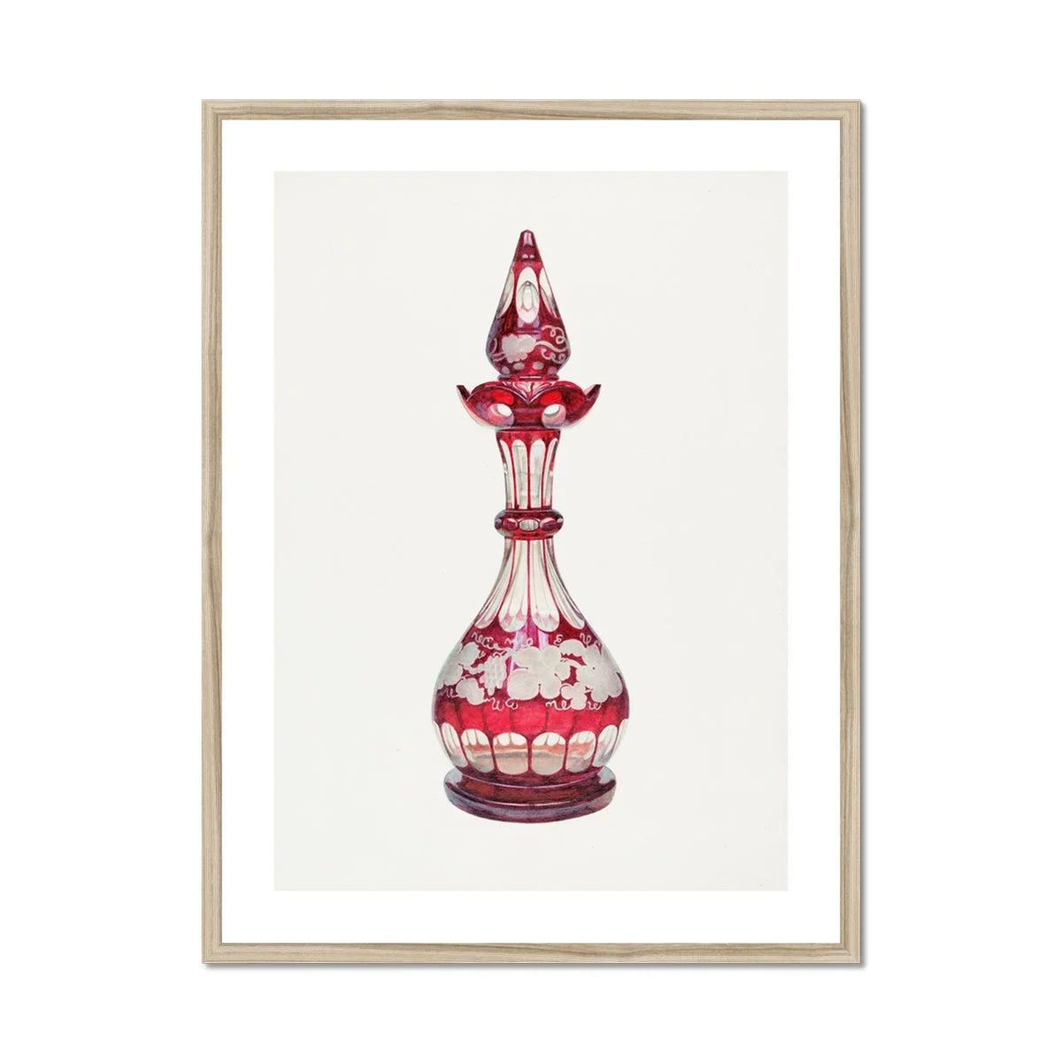Red Glass Decanter - Frank M. Keane Decorative Art Print, Ornate Ruby-colored Glass Decanter Etched Floral Patterns